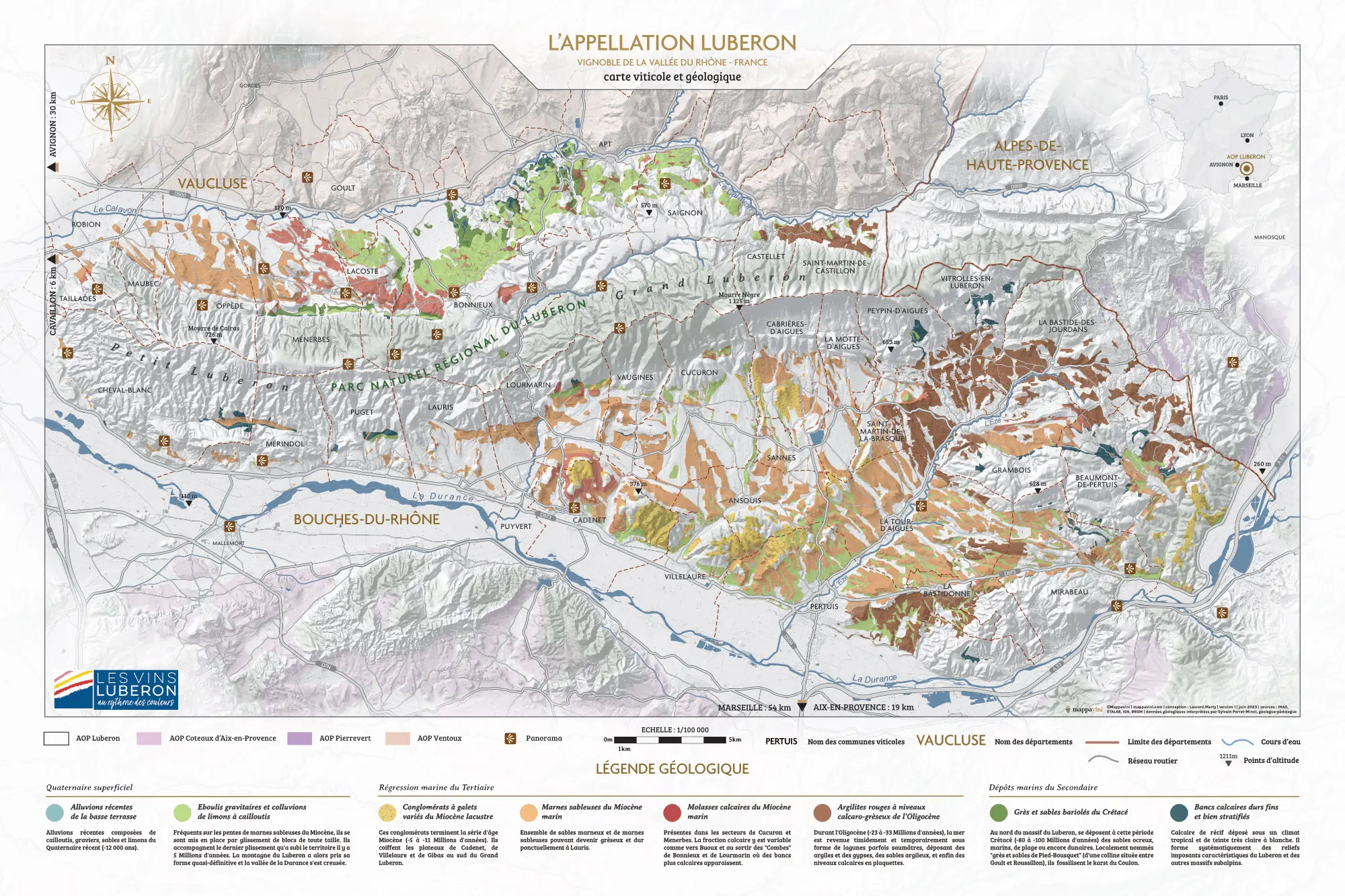 Carte viticole et géologique du vignoble de la Vallée du Rhône (France)